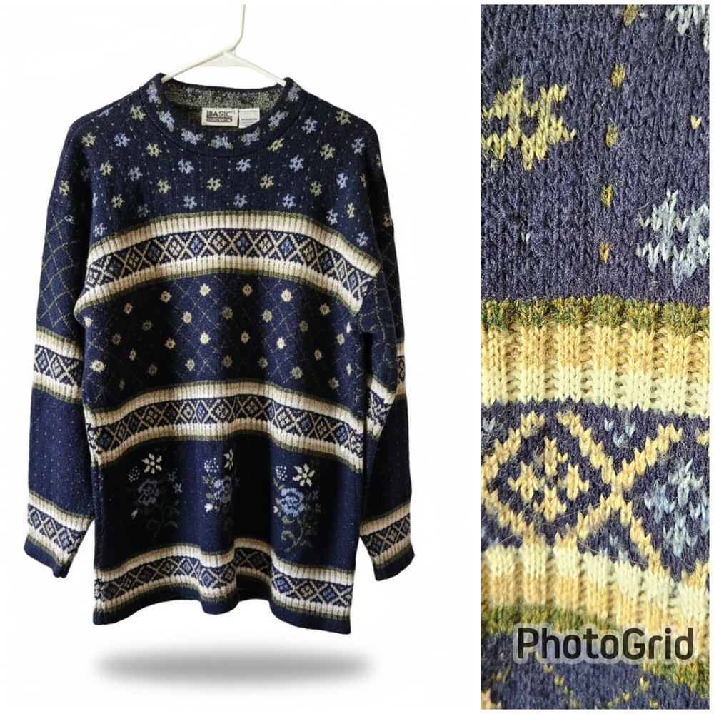 ♻️Basic Editions Fair Isle Sweater | Navy Winter Floral | Large | Made in USA